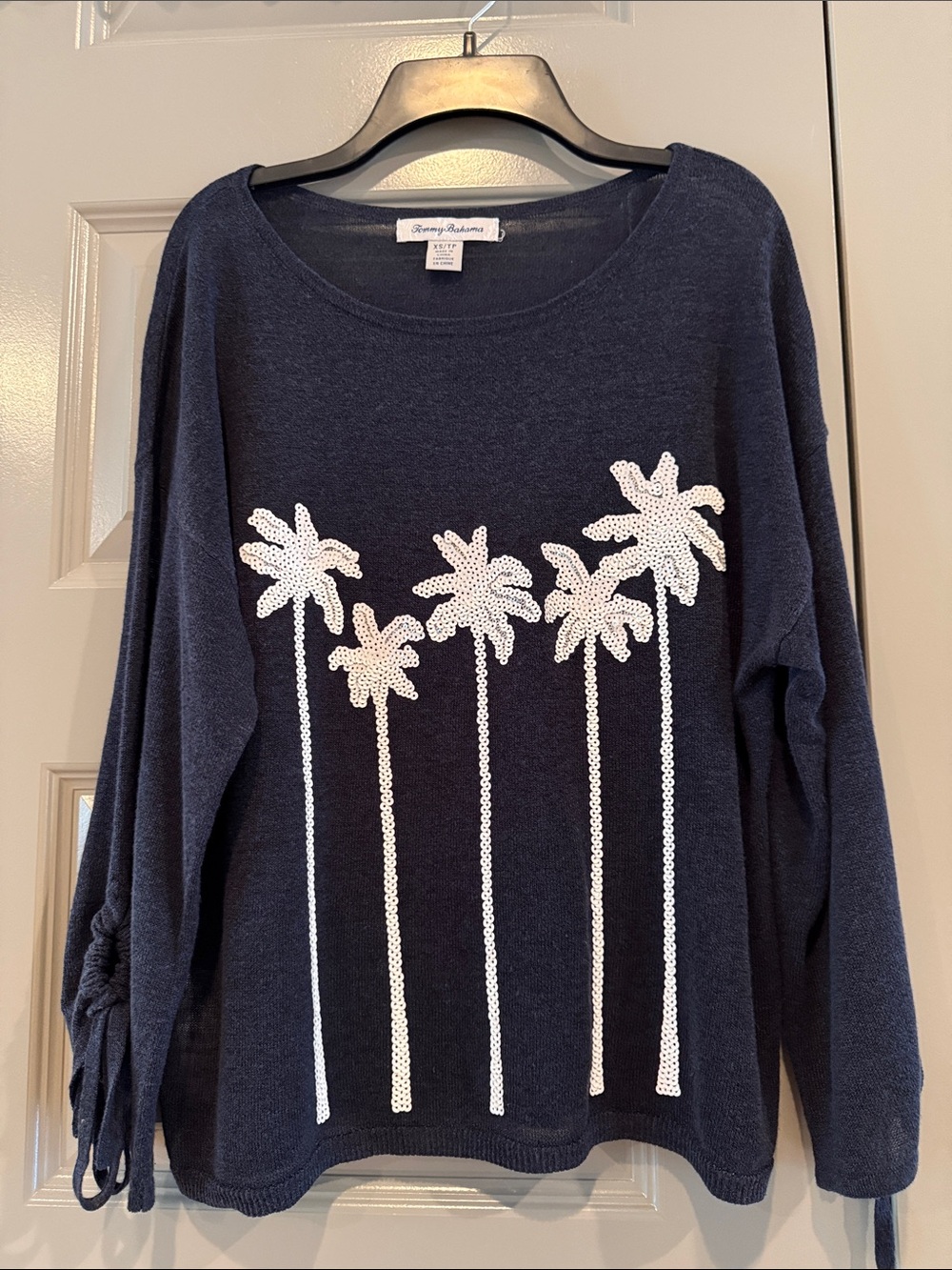 Tommy Bahama Navy Sweater with White Sequin Palm Motif